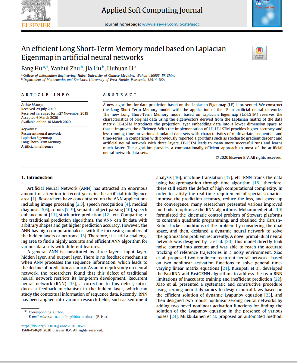 An efficient Long Short-Term Memory model based on Laplacian Eigenmap in artificial neural networks(SCI)